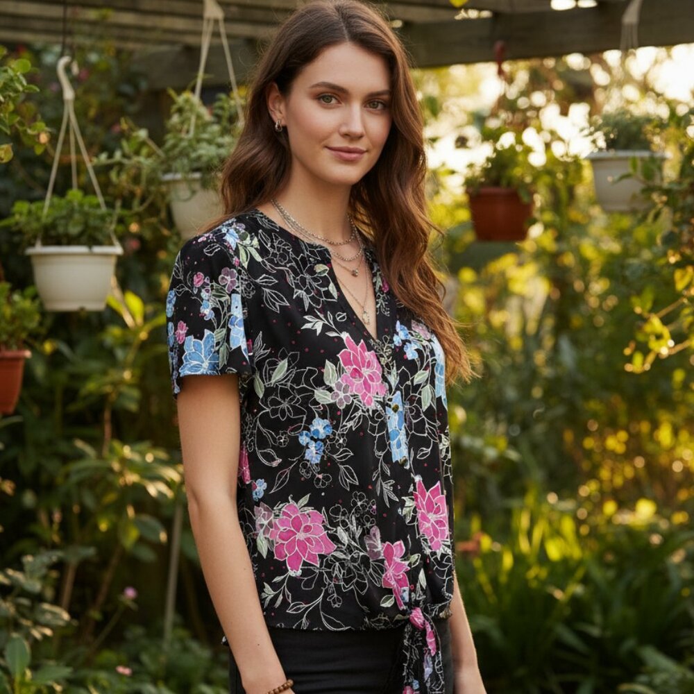 Emily‎ Daniels Top M Black Floral Women's Whimsigoth Boho Cottage Tropical 90s